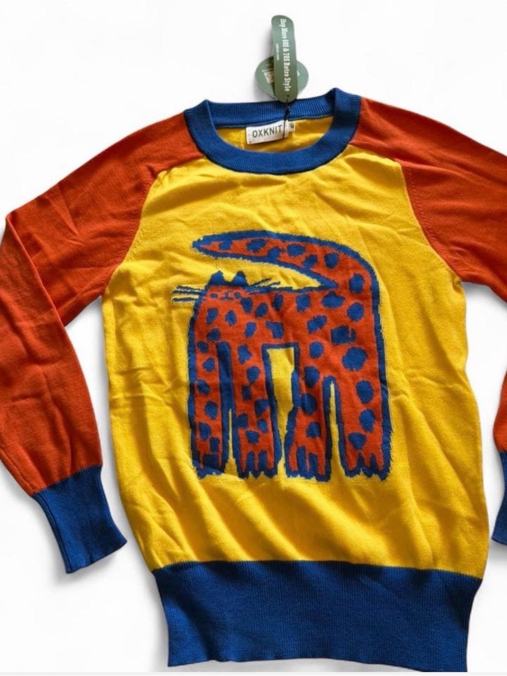 Oxknit Yellow & Orange Graphic Leopard Crewneck Sweater BNWT